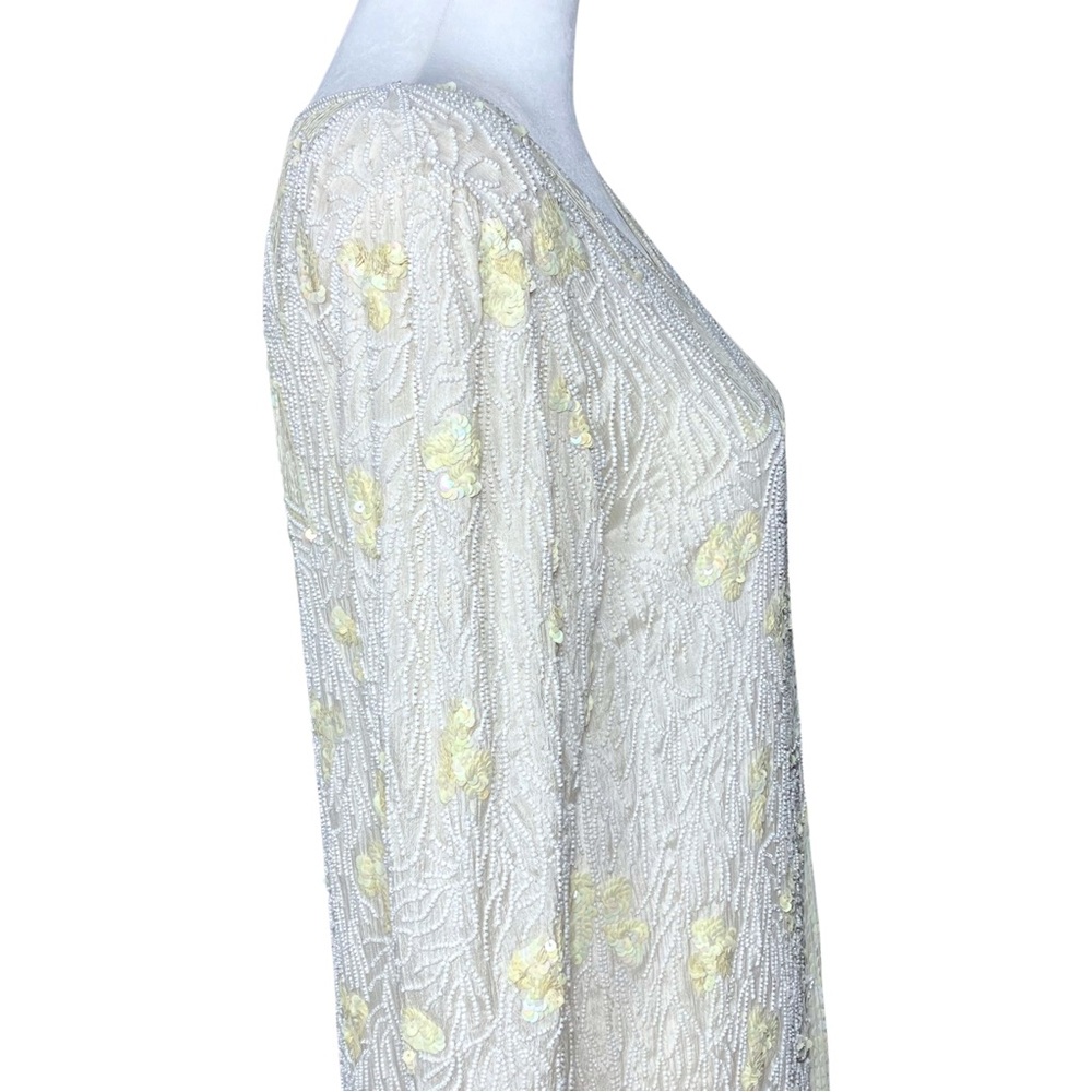 Vintage 100% Silk Ivory 70s 80s Fully Beaded Sequin Long Sleeve Dress - Picture 11 of 15
